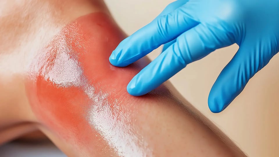 Examination of a reddened leg with signs of irritation or Cellulitis. Touching by a health care provider in the clinical setting (1)